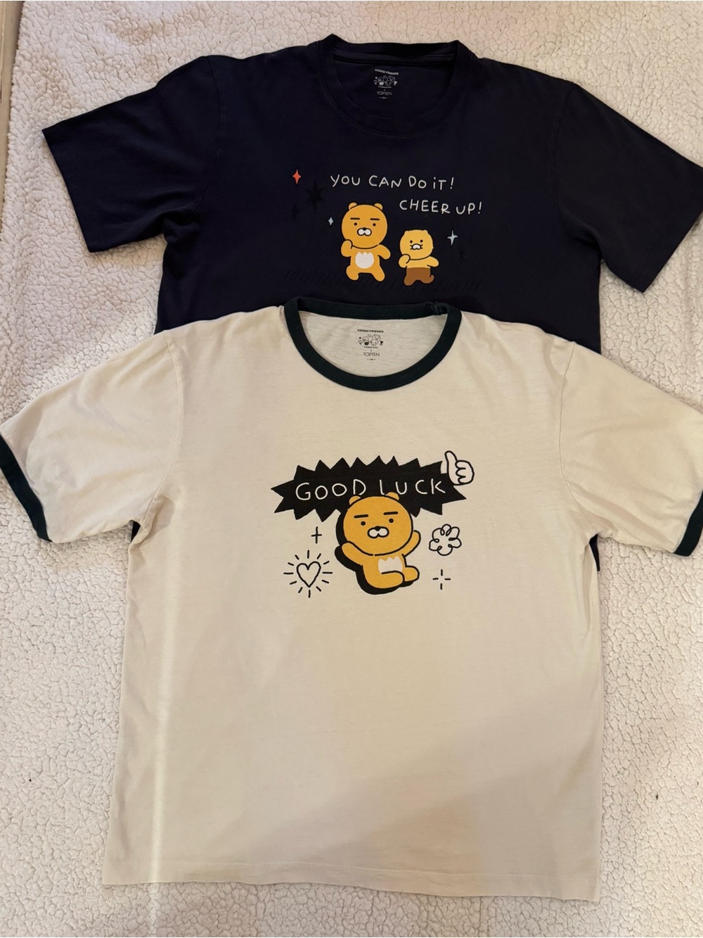 Set of two TOPTEN Cute Cartoon 'Good Luck' Ringer Tee - Cream with Black Accents